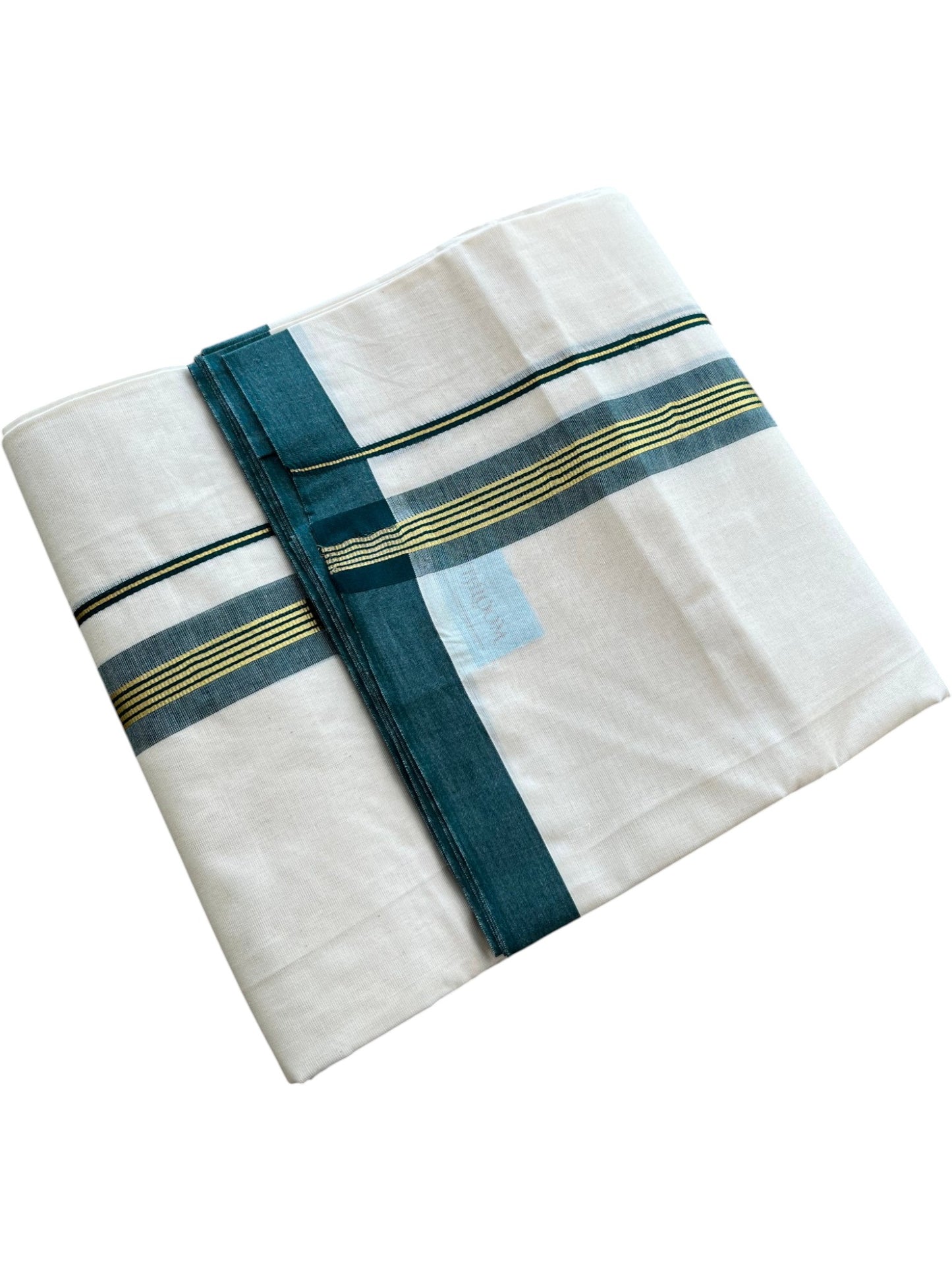 Southloom Pure Cotton Mundu with Golden Lines and Green Border (South Indian Kerala Dhoti)
