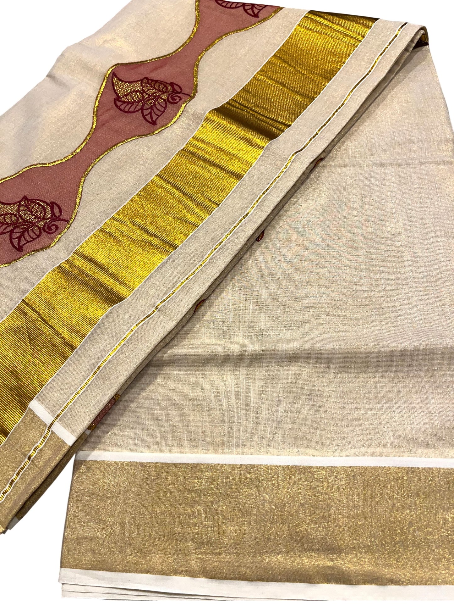 Southloom Tissue Kerala Kasavu Saree with Embroidery Design