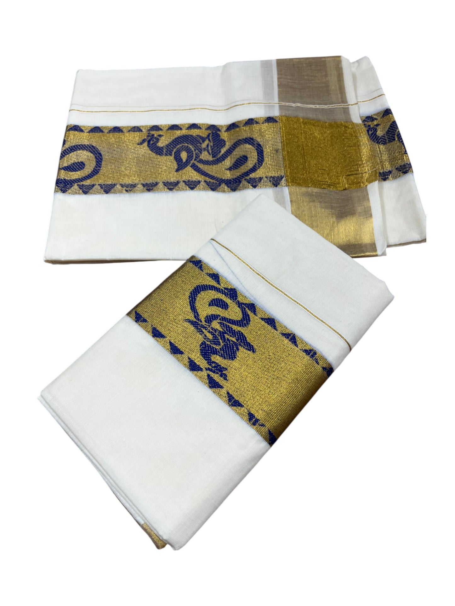Kerala Pure Cotton  Set Mundu (Mundum Neriyathum) with Blue Block Prints on Kasavu Border-2.80Mtrs