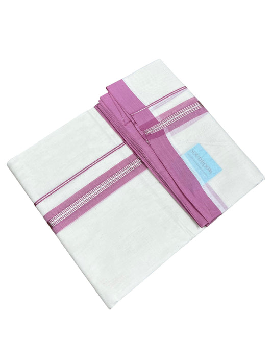 Southloom Pure Cotton Mundu with Silver Lines and Pink Border (South Indian Kerala Dhoti)