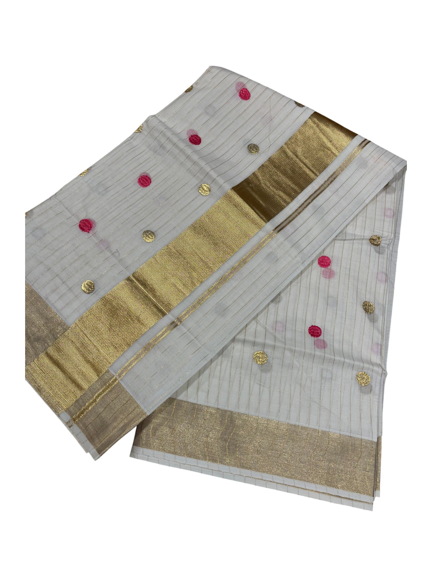 Southloom Kerala Pure Cotton Saree with Gold&Pink Polka Embroidery Works on Body