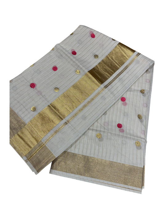 Southloom Kerala Pure Cotton Saree with Gold&Pink Polka Embroidery Works on Body