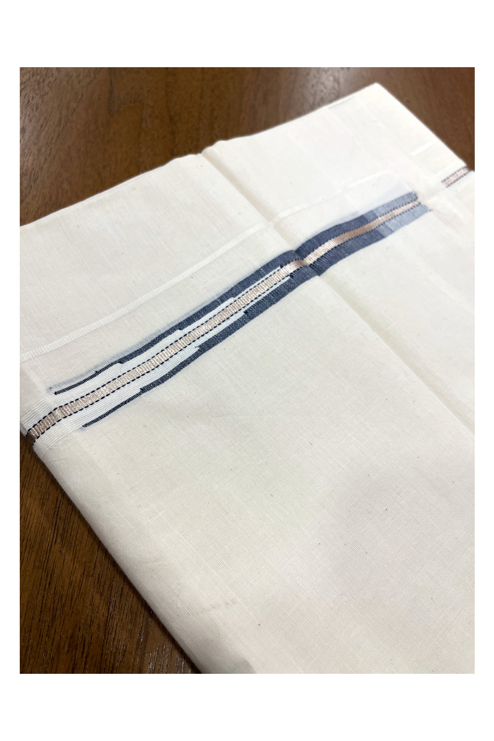 Pure Cotton Double Mundu with Silver Kasavu and Blue Puliyilakkara Border (South Indian Dhoti)