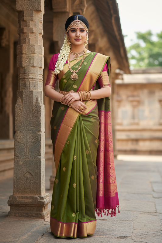 Southloom Pure Handloom Bridal Kanchipuram Silk Saree with Korvai Work (Green & Magenta)