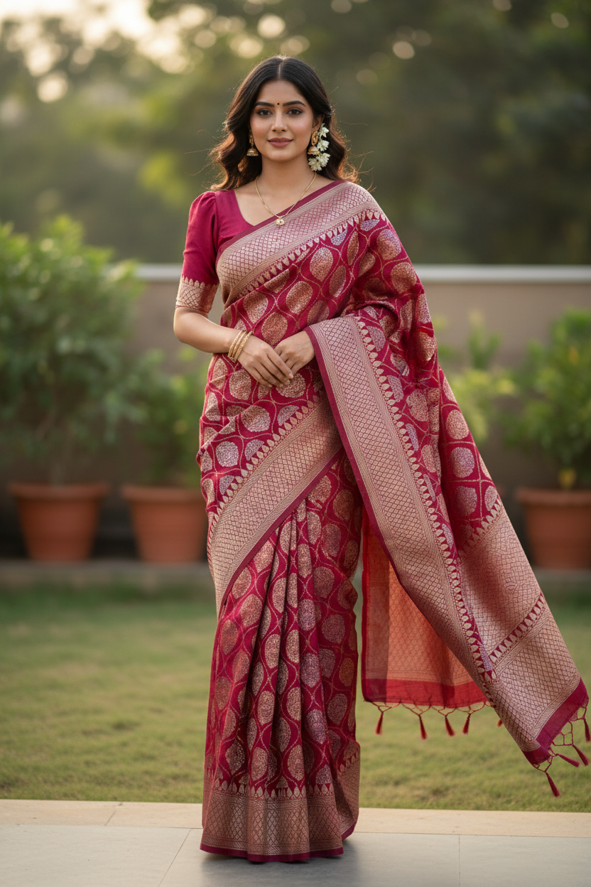 Southloom Pure Banarasi Silk Saree with Woven Work on Body and Borders (Magenta)