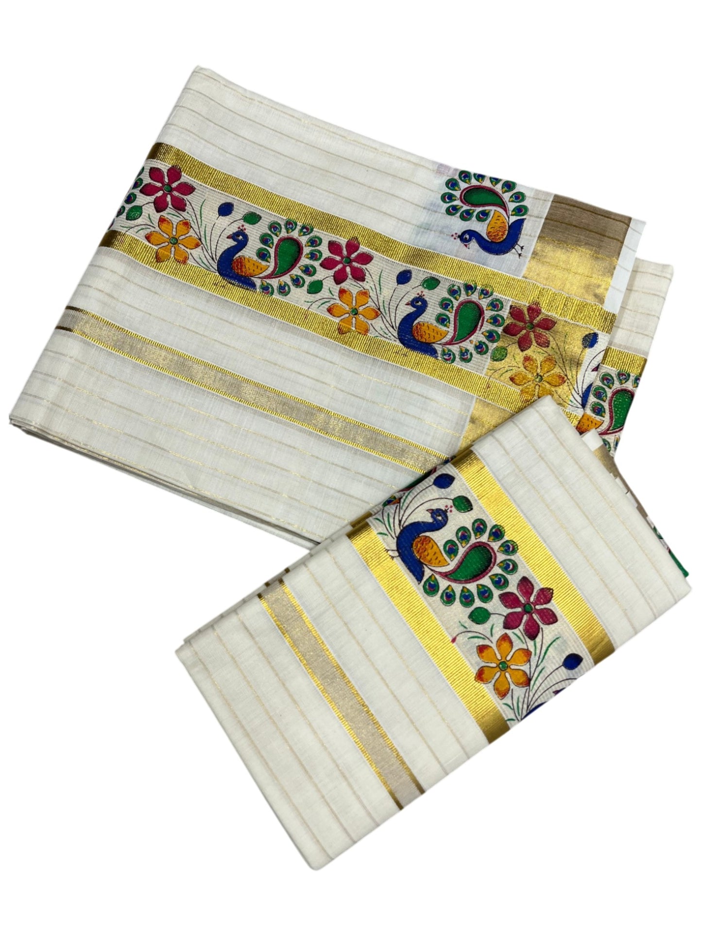 Southloom Cotton Lines Single Set Mundu (Mundu Neriyathum)Peacock Digital Print With Gold Border Kasavu in 2.80 Mtrs
