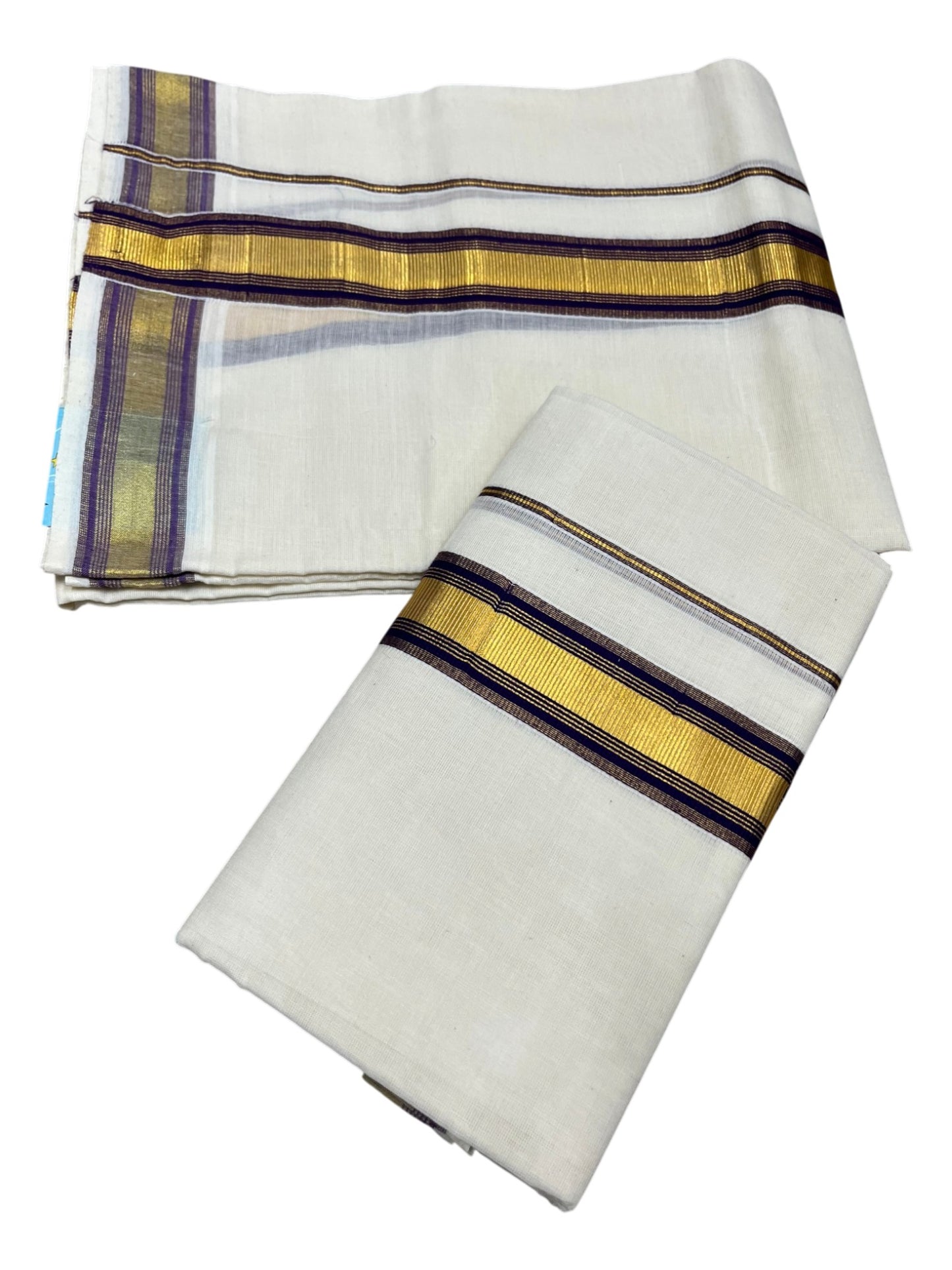 Southloom Pure Cotton Kerala Kasavu Set Mundu (Mundum Neriyathum) Kasavu & Purple Border