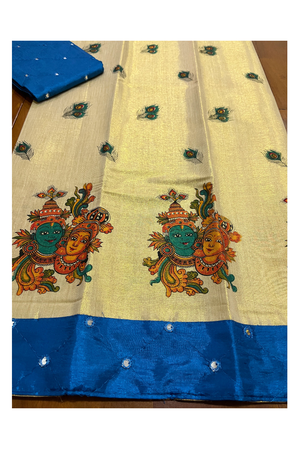 Kerala Tissue Mural Printed Pavada and Blue Blouse Material for Kids 3 Meters