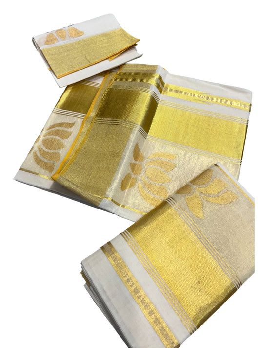 Southloom Super Premium Balaramapuram Handloom Pure Cotton Unakkupaavu Lotus Design Wedding Pudava Set Mundu