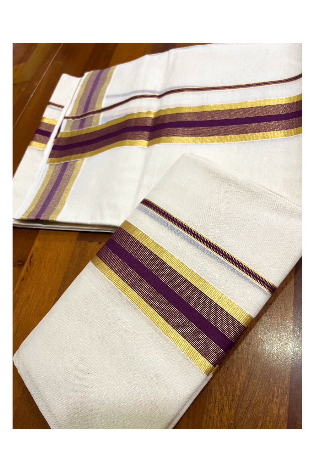 Kerala Cotton Set Mundu (Mundum Neriyathum) with Violet and Kasavu Border 2.80 Mtrs