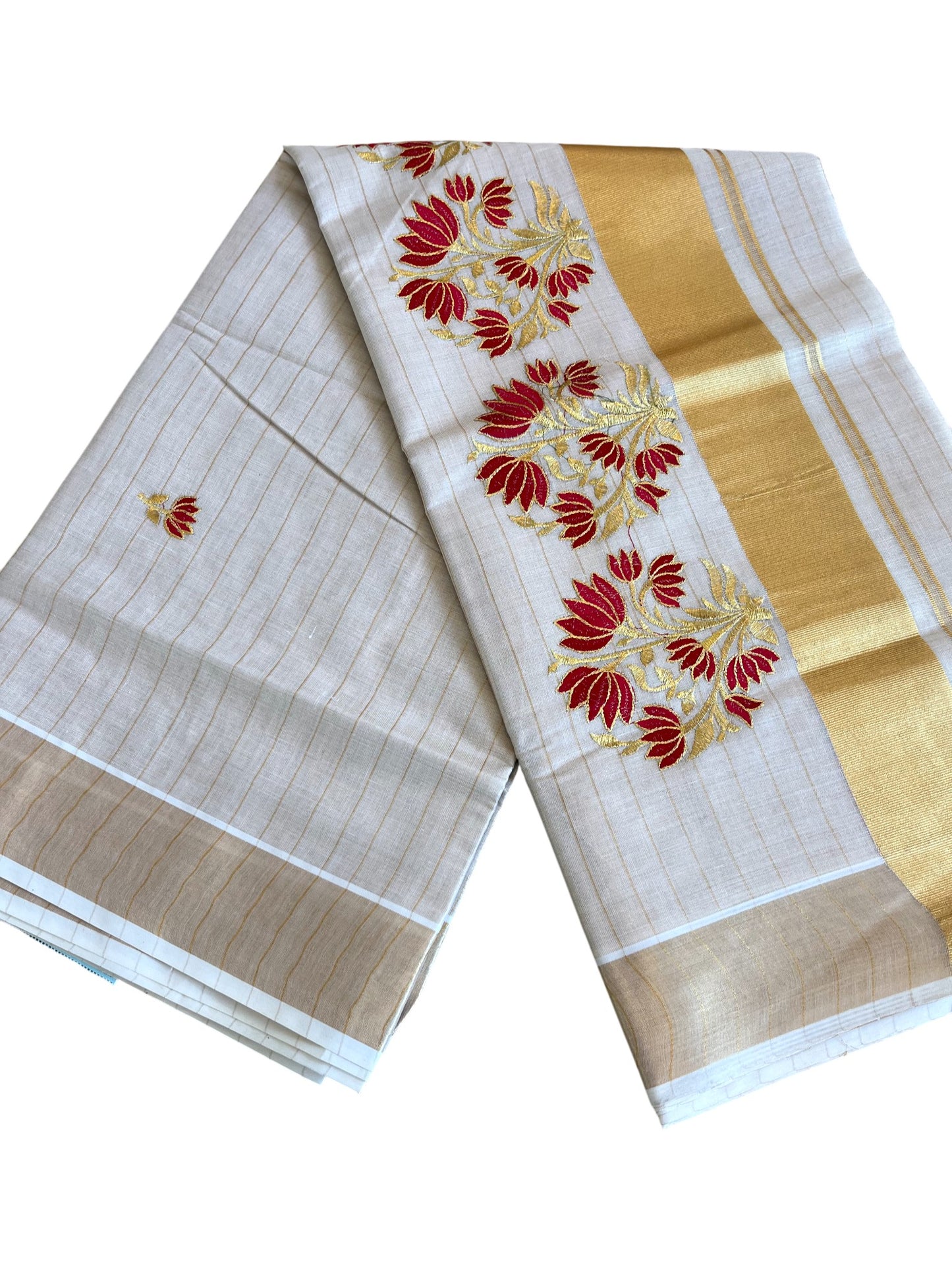 Southloom Kerala Tissue Stripes Kasavu Saree Red Floral Embroidery Design