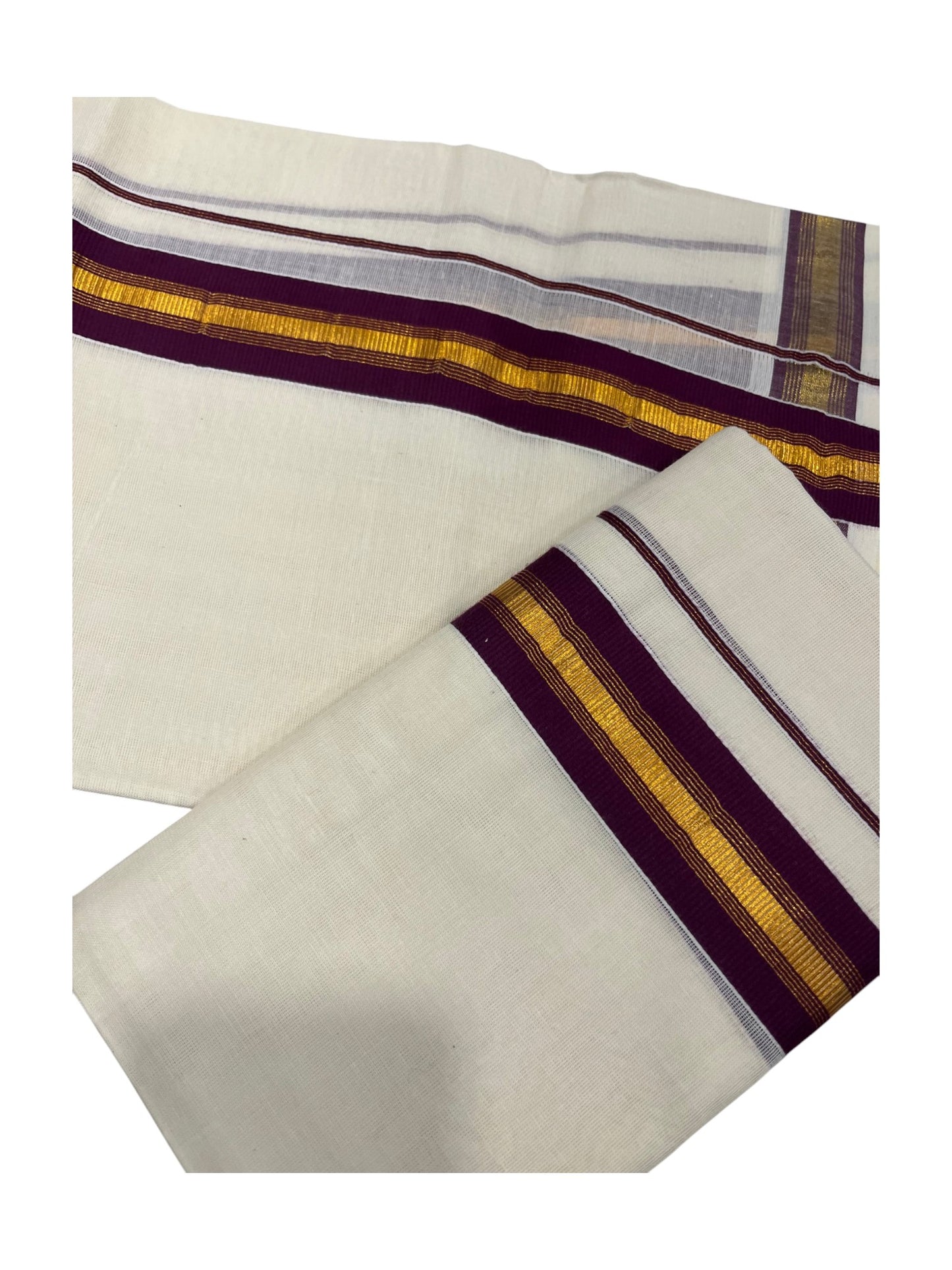 Southloom Kerala Cotton  Single Set Mundu (Mundum Neriyathum) with Kasavu and Purple Border
