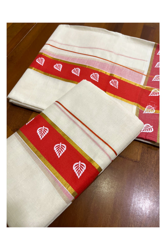 Kerala Cotton Single Set Mundu (Mundum Neriyathum) with Leaf Block Prints on Red and Kasavu Border - 2.60Mtrs