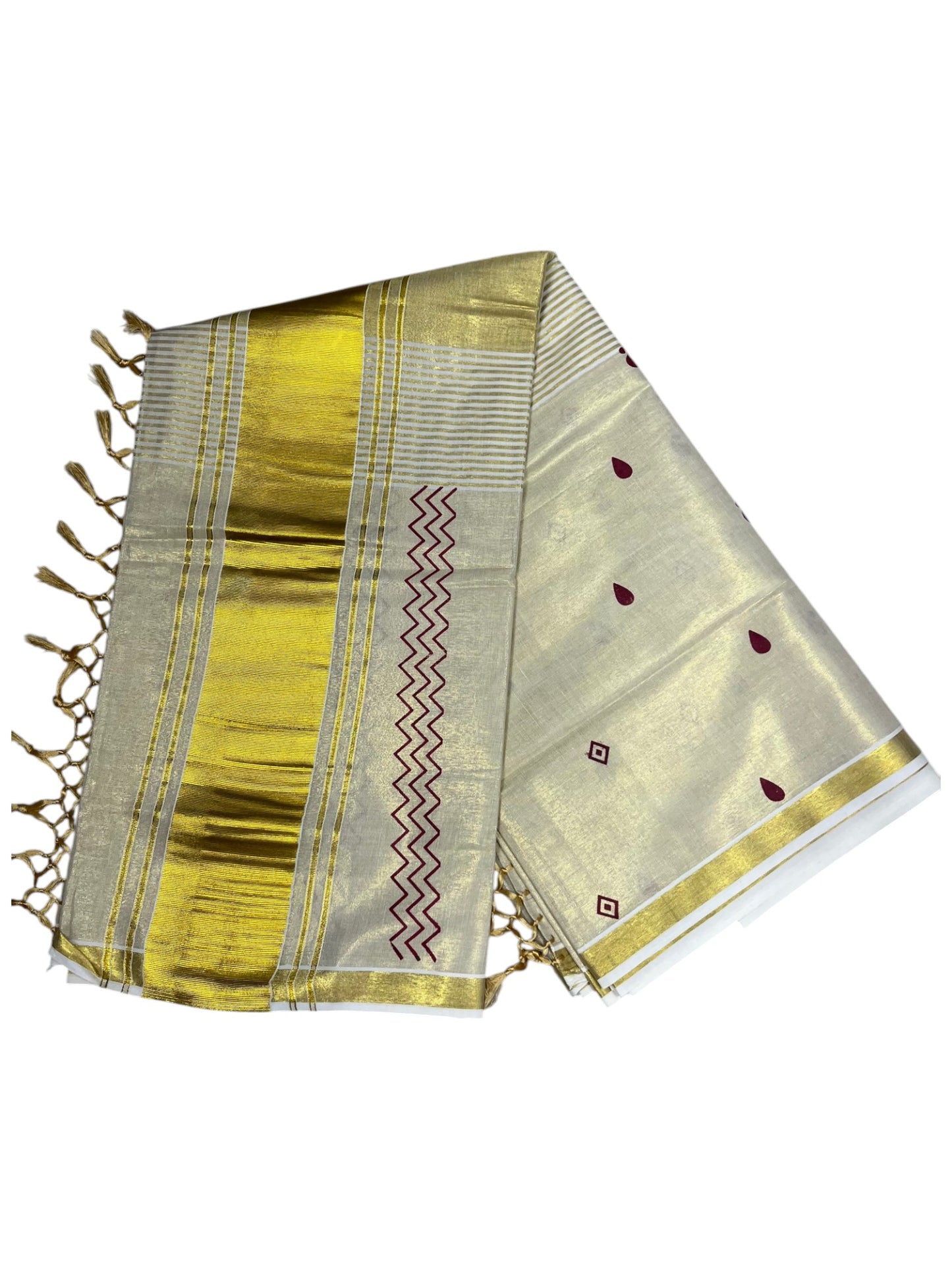 Southloom Kerala Tissue Kasavu Saree Maroon Hand Printed