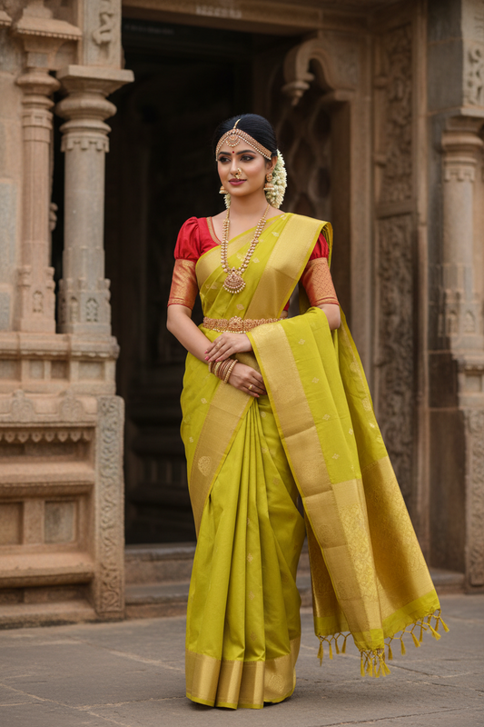 Southloom Pure Handloom Bridal Kanchipuram Silk Saree with Korvai Work(Yellow&Red)