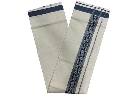 Southloom Pure Cotton Mundu With Silver Lines And Blue Print (South Indian Kerala Dhoti)