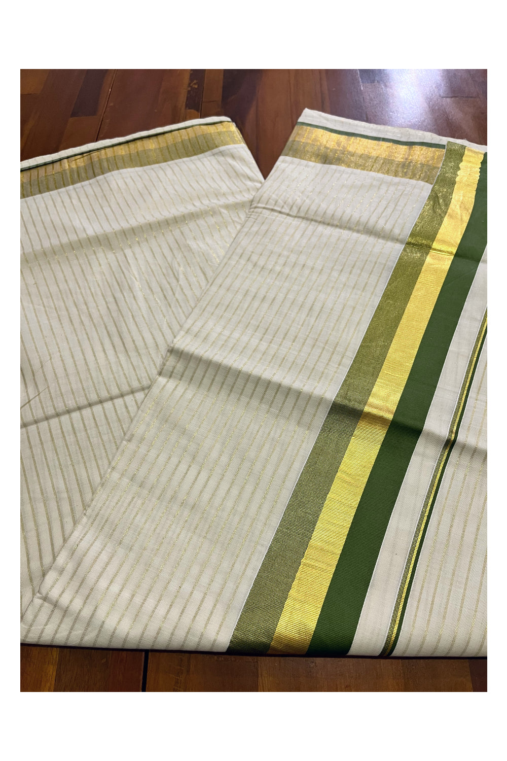 Pure Cotton Kerala Kasavu Lines Design Saree with Olive Green Border
