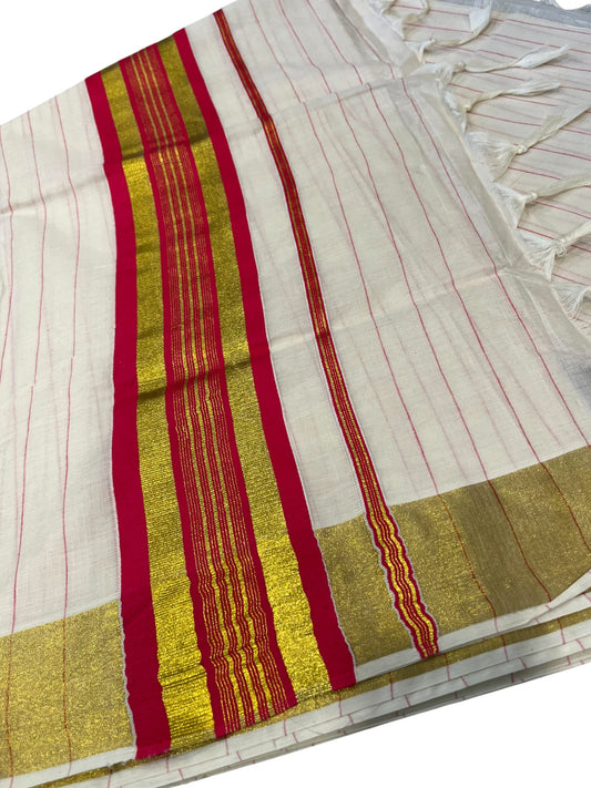 Southloom Kerala Cotton Kasavu Saree with Gold And Pink Lines on Body