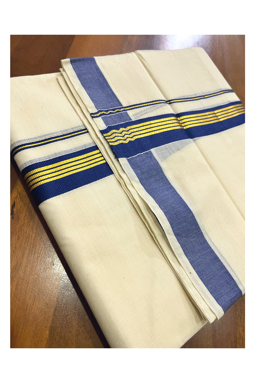 Off White Kerala Cotton Double Mundu with Kasavu and Blue Border (South Indian Kerala Dhoti)