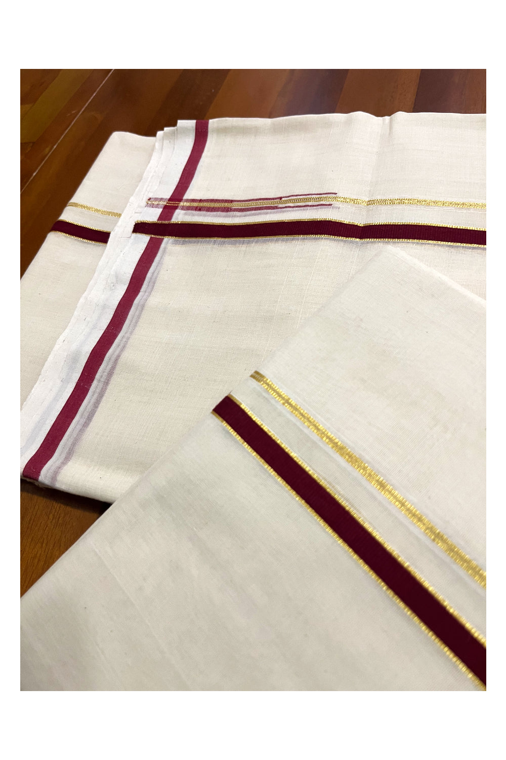 Southloom Premium Handloom Double Set Mundu (Mundum Neriyathum) with Maroon Puliyilakkara Kasavu Chutti Border