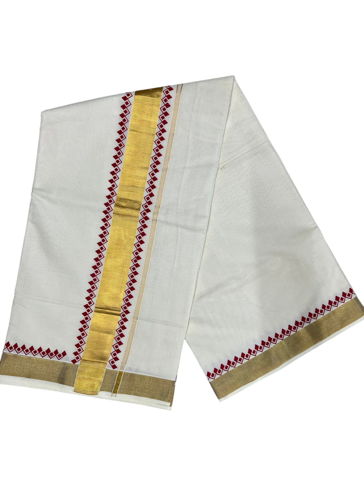Southloom Cotton Kerala Kasavu Saree with Red Block Printed Design