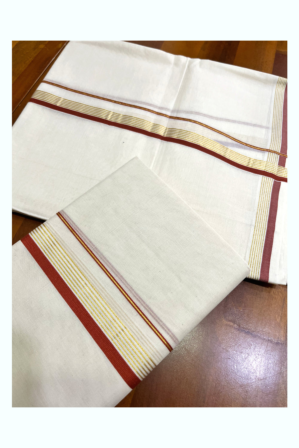 Kerala Pure Cotton Single Set Mundu (Mundum Neriyathum) with Brick Red and Kasavu Border - 2.80Mtrs (Onam 2024 Collection)