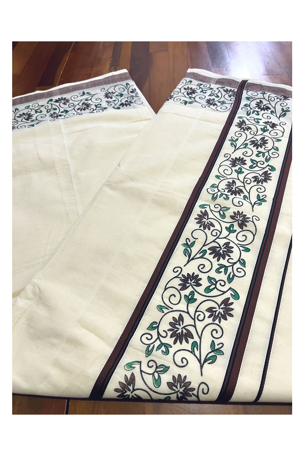 Pure Cotton Kerala Saree with Floral Block Prints and Brown Border