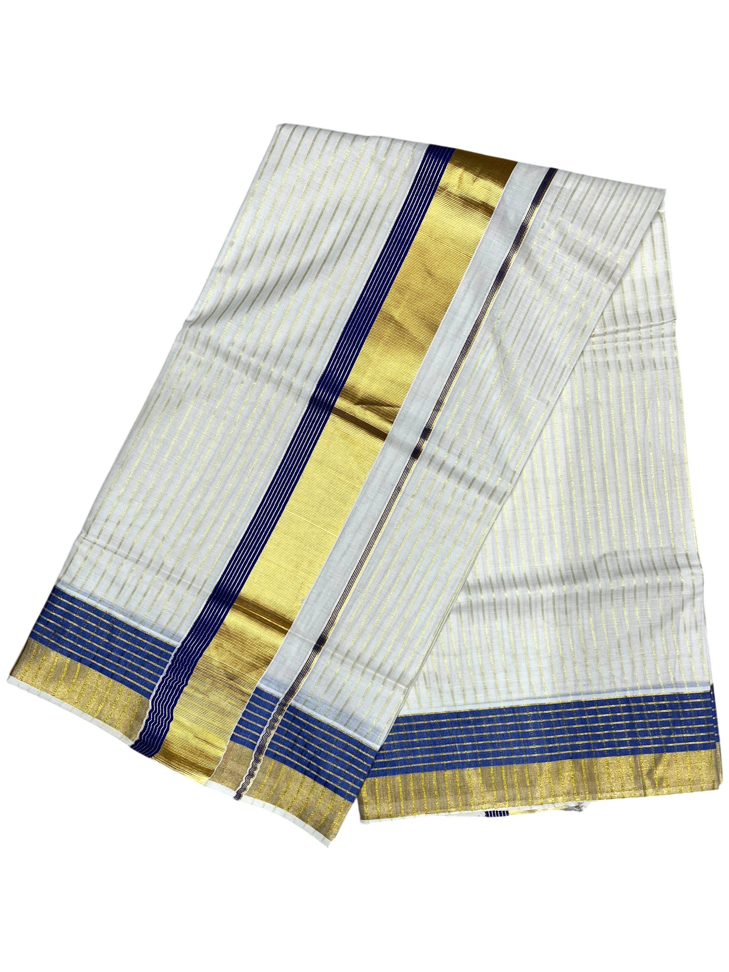 Southloom Pure Cotton Kerala Kasavu Lines Design Saree with Blue Border