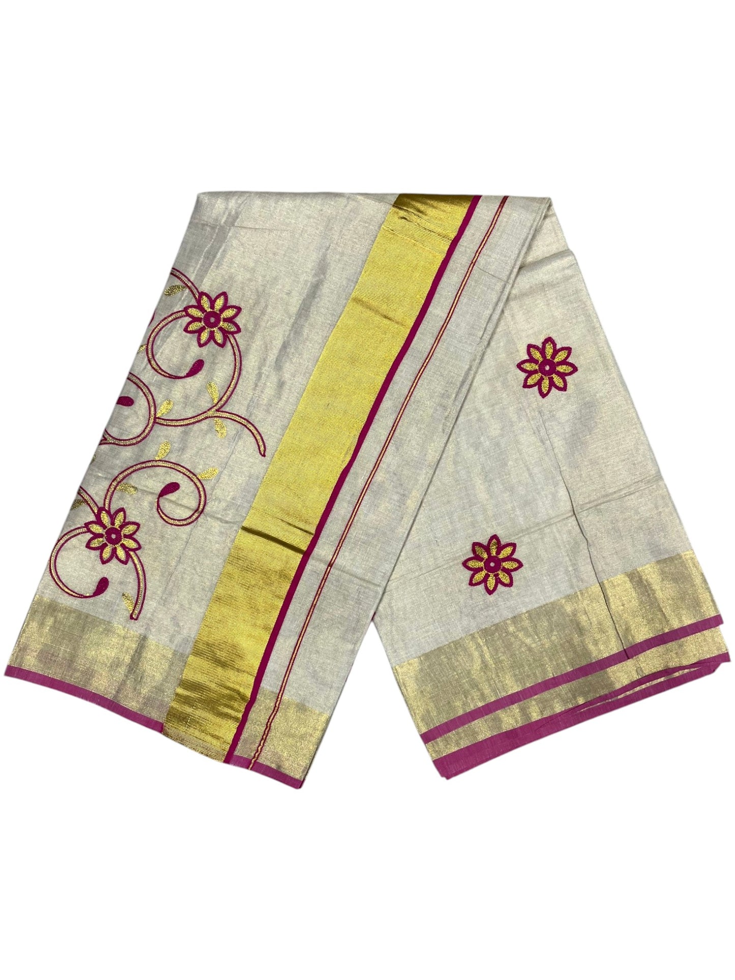 Southloom Kerala Tissue Kasavu Saree With Magenta and Golden Floral Embroidery Works