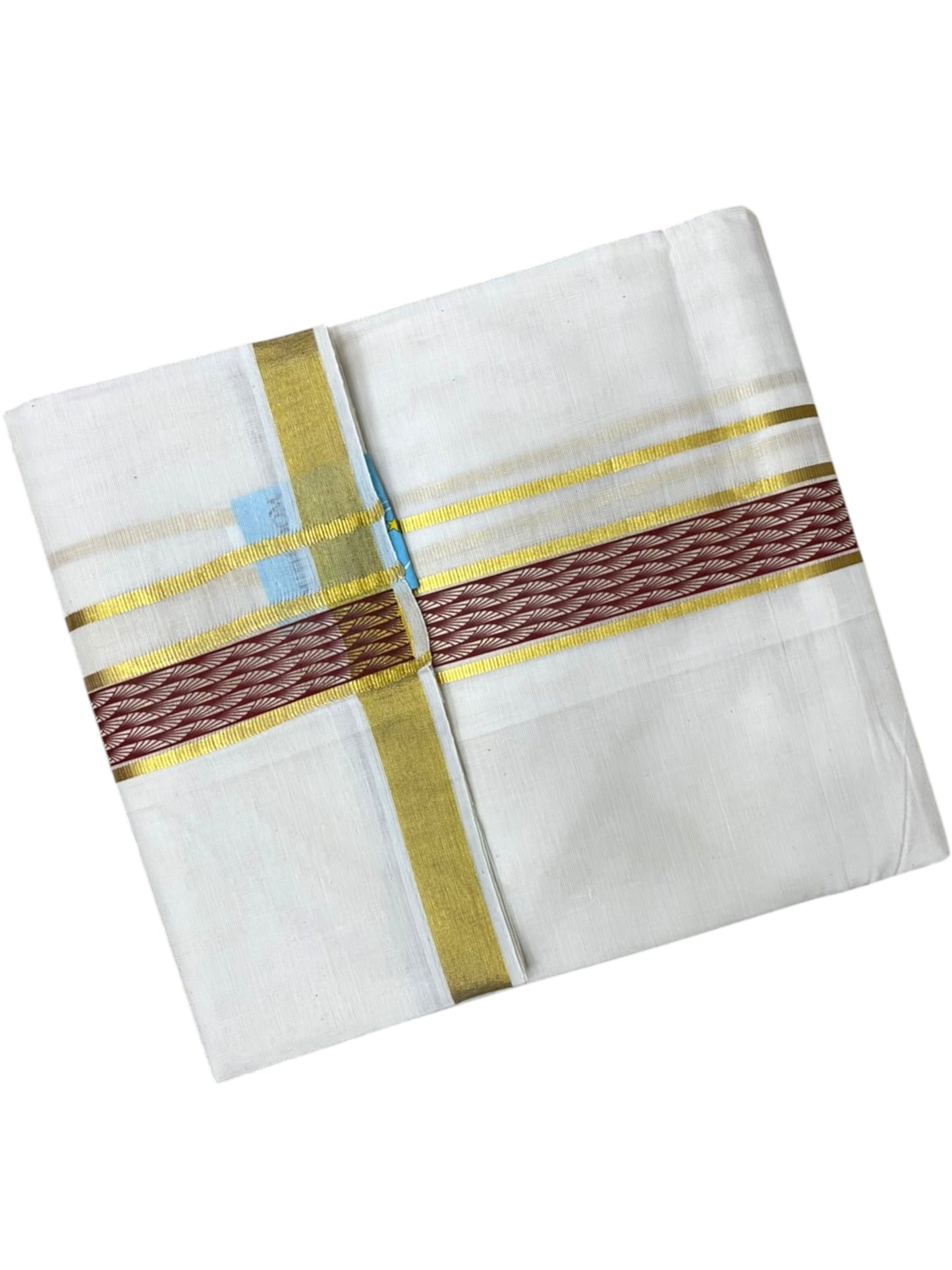 Southloom Pure Cotton Double Mundu with Maroon Block Printed And Ksavu Border (South Indian Kerala Dhoti)
