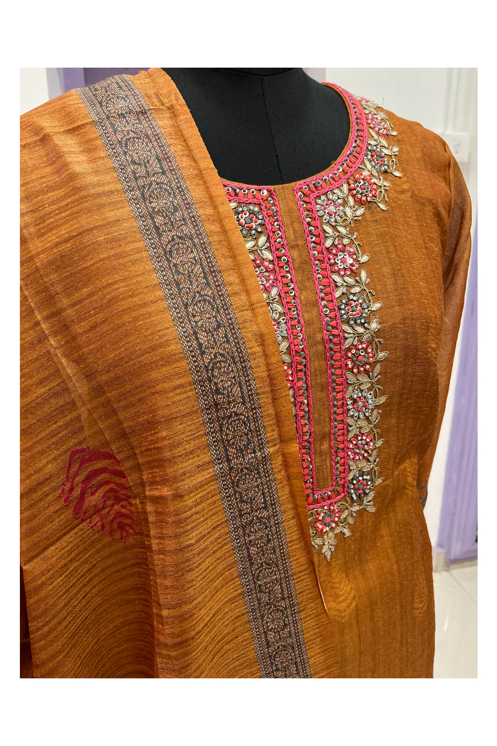 Southloom Stitched Chanderi Silk Salwar Set in Dark Orange and Thread Sequins Works in Yoke