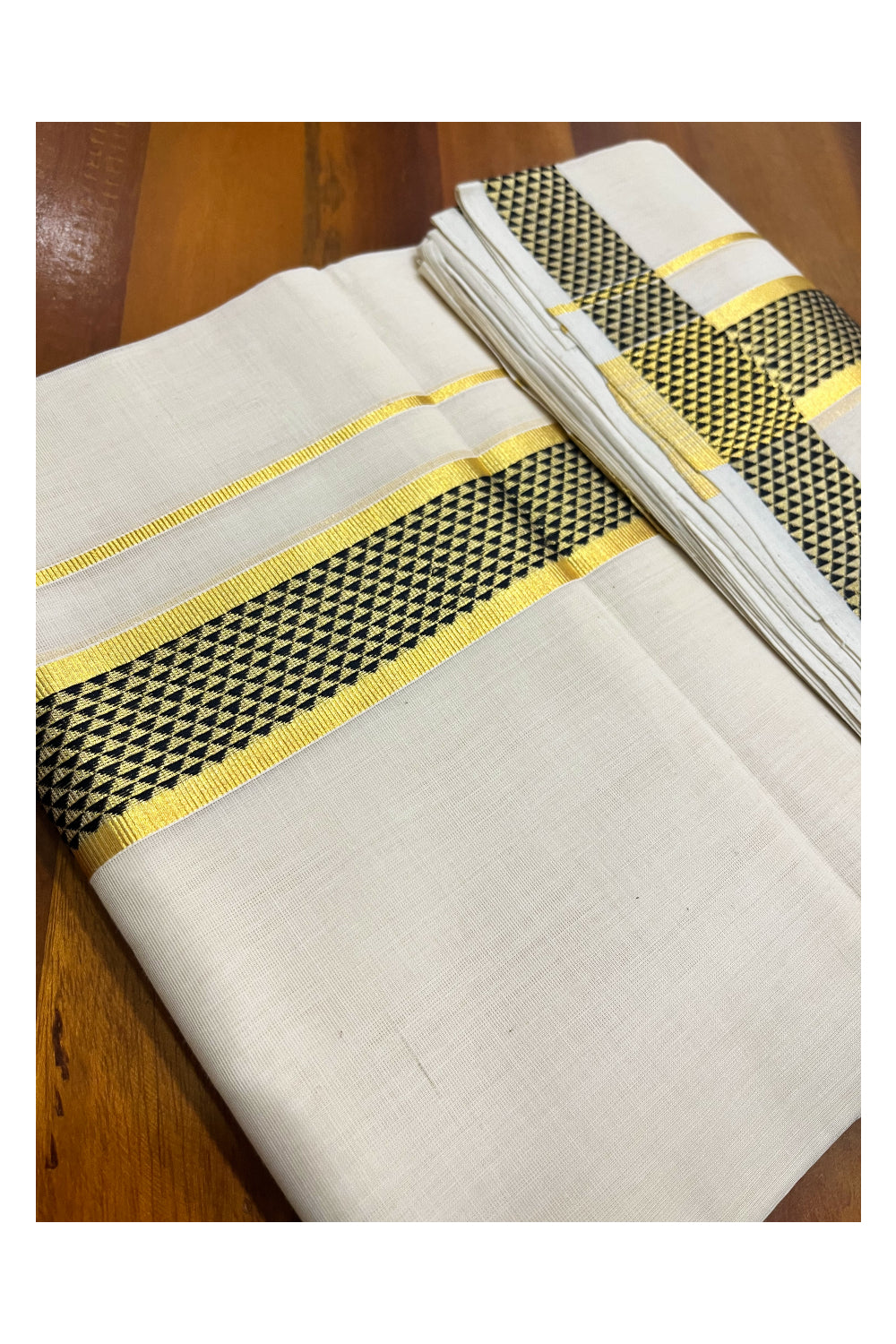 Premium Balaramapuram Handloom Unakkupaavu Cotton Double Mundu with Kasavu and Black Design Border (Vishu 2024 Collection)