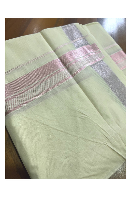 Pure Cotton Kerala Double Mundu with Rose Copper Kasavu Border (South Indian Kerala Dhoti)