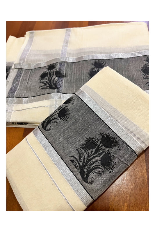 Kerala Cotton Set Mundu Single (Mundum Neriyathum) with Floral Block Prints on Silver Kasavu and Black Border