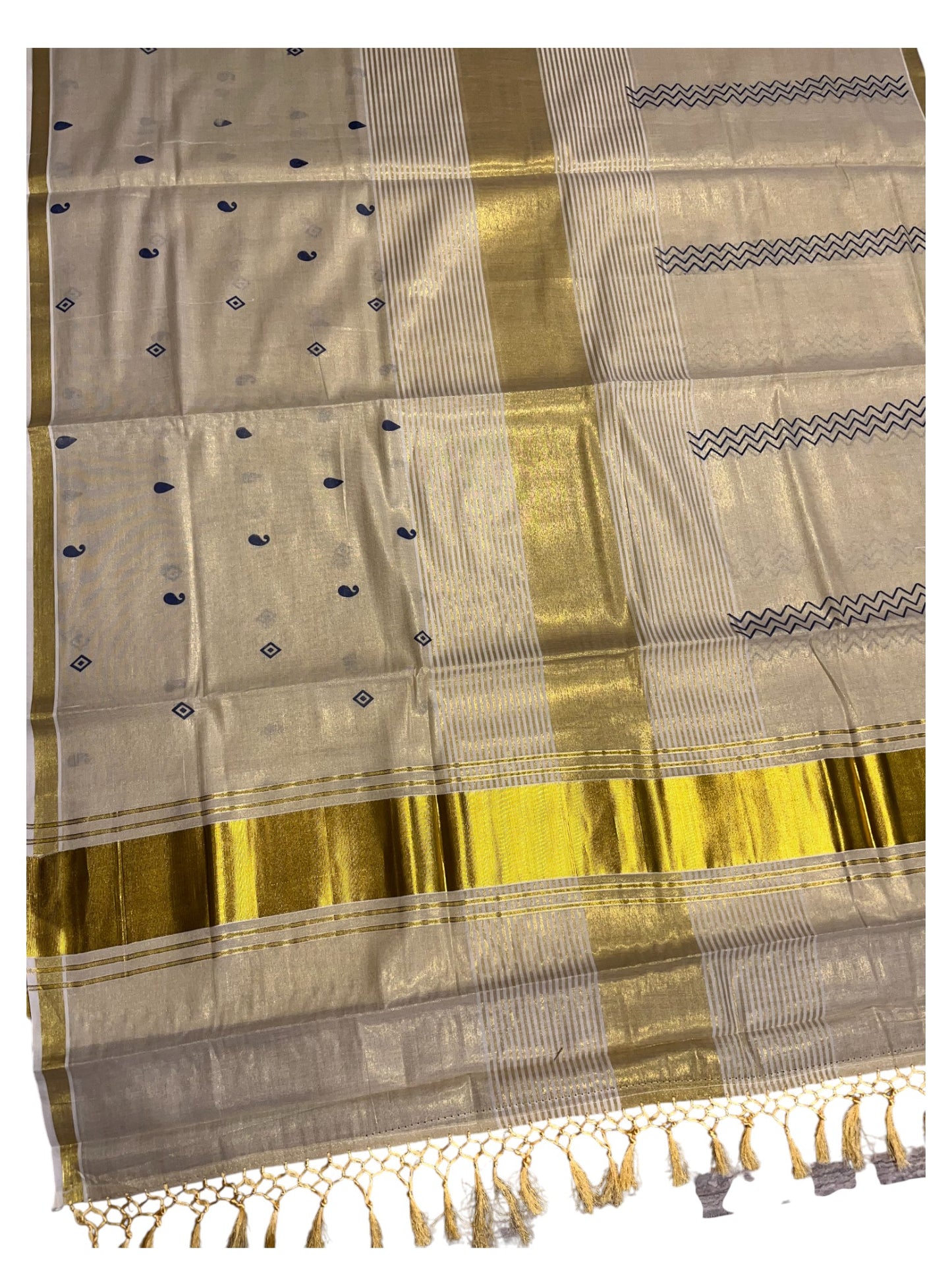 Southloom Kerala Tissue Kasavu Saree Blue Hand Printed