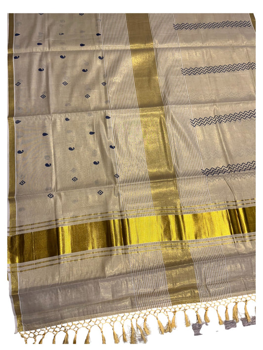 Southloom Kerala Tissue Kasavu Saree Blue Hand Printed