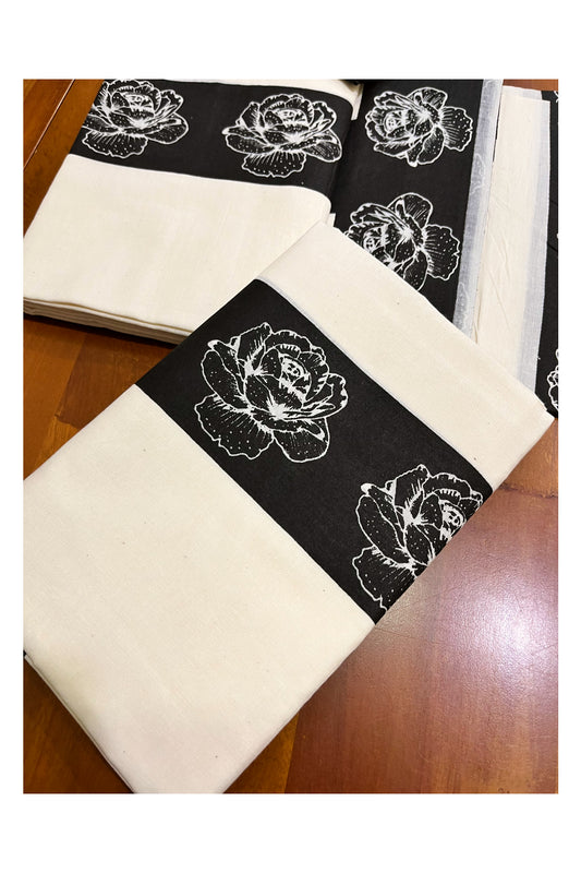 Kerala Cotton Black Floral Prints Set Mundu (Mundum Neriyathum) with Seperate Blouse Piece