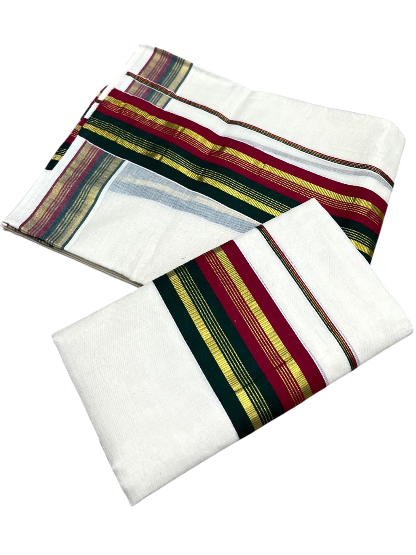 Southloom Kerala Cotton Kasavu Single Set Mundu (Mundum Neriyathum) with Green and Maroon Kasavu Border SLKK