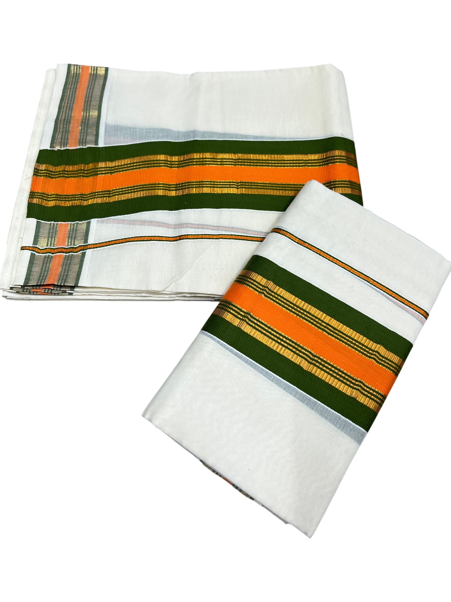 Southloom Kerala Cotton Kasavu Single Set Mundu (Mundum Neriyathum) with Green And orange Kasavu Border