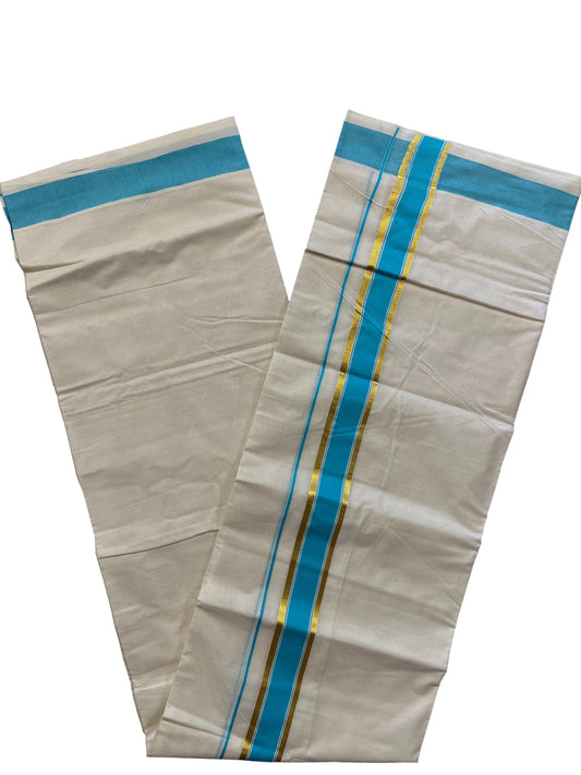 Southloom Pure Cotton Mundu with Gold Kasavu and Blue Colour Border (South Indian Kerala Dhoti)