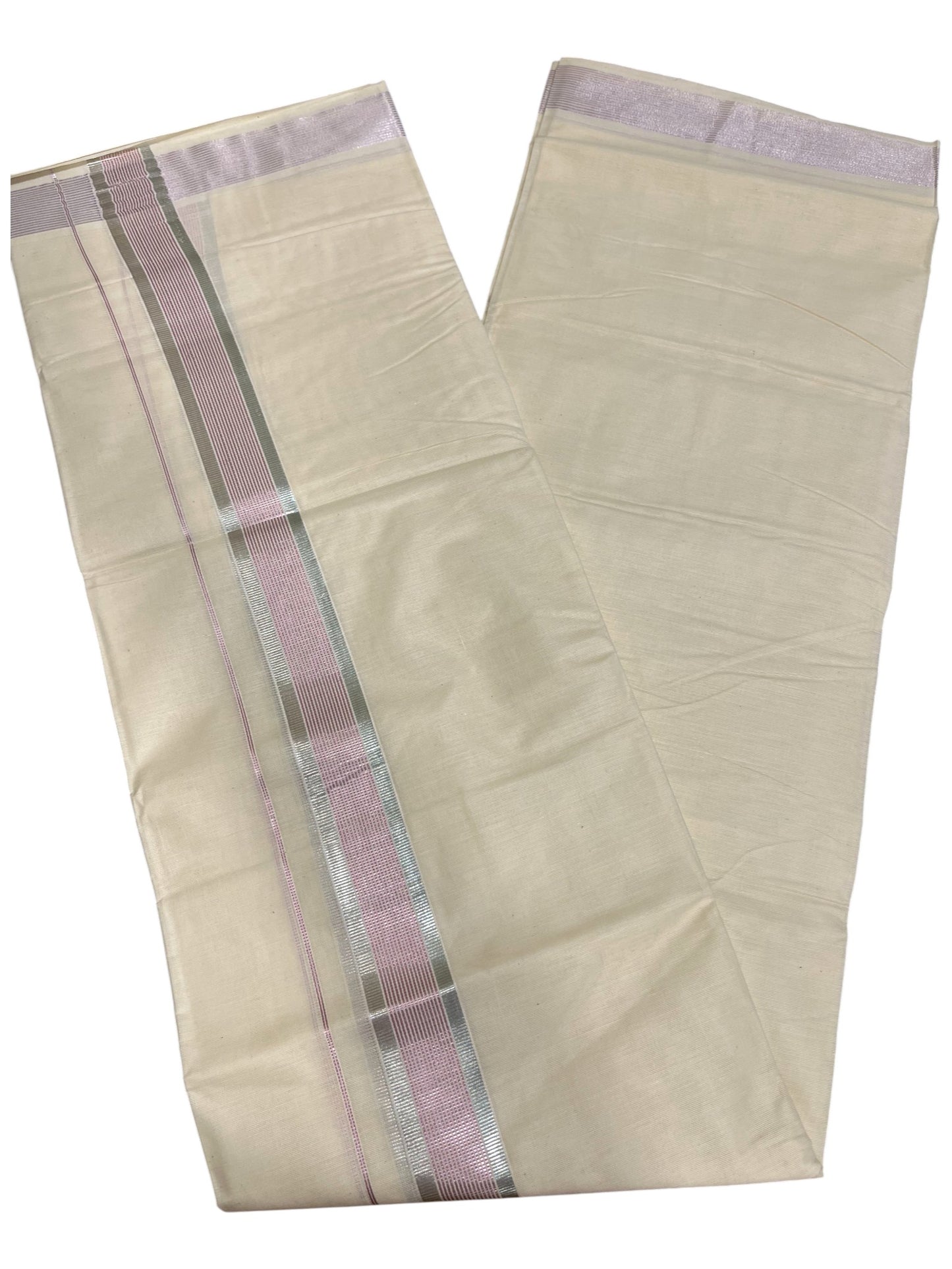 Kerala Cotton Double Mundu with Silver  And Rose Copper Border  (South Indian Dhoti)