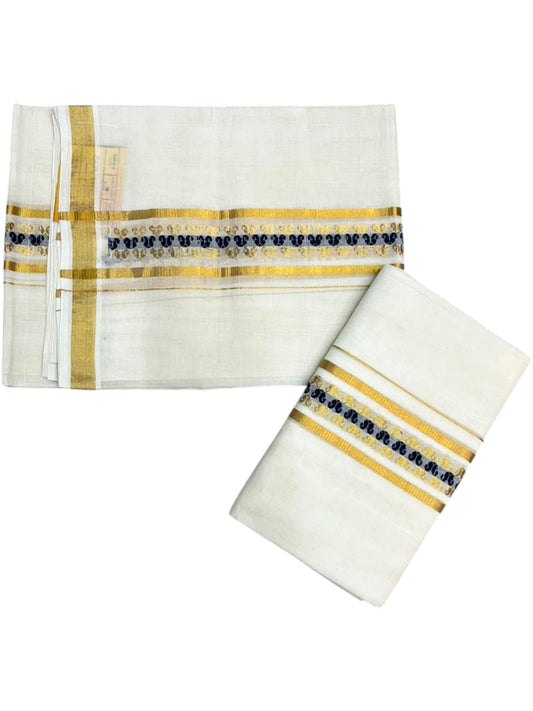 Southloom Premium Cotton Handloom Set Mundu With Blue Woven Dots Design And Golde Kasavu Border (2.80 Mtr) SL632