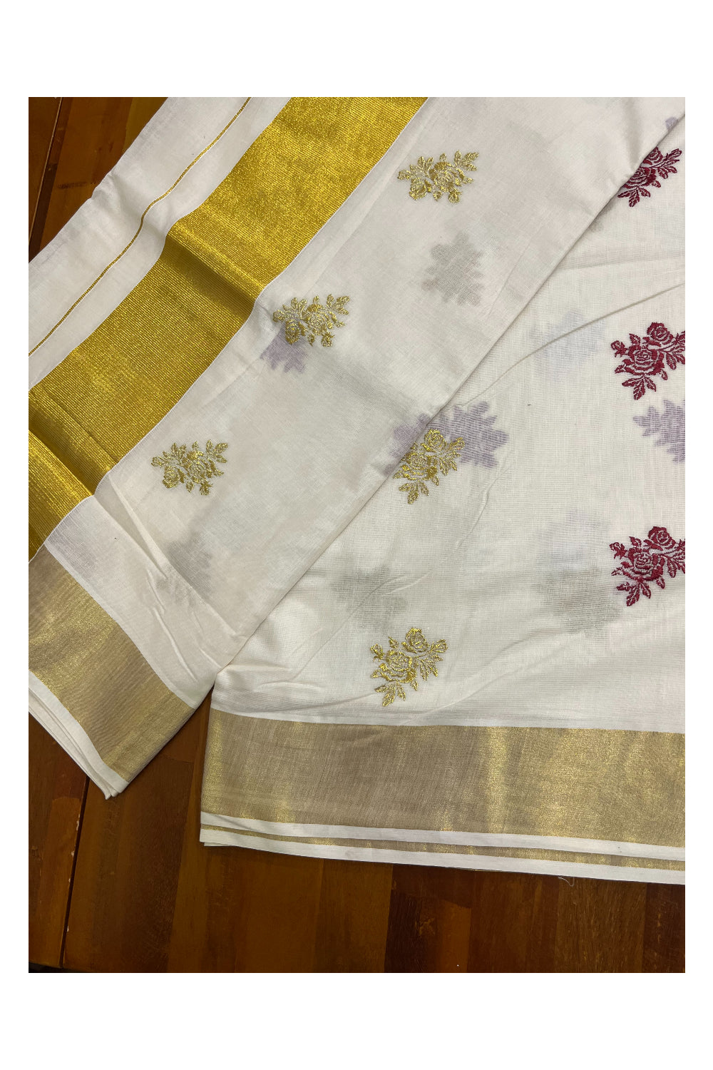 Kerala Cotton Kasavu Saree with Floral Embroidery Works