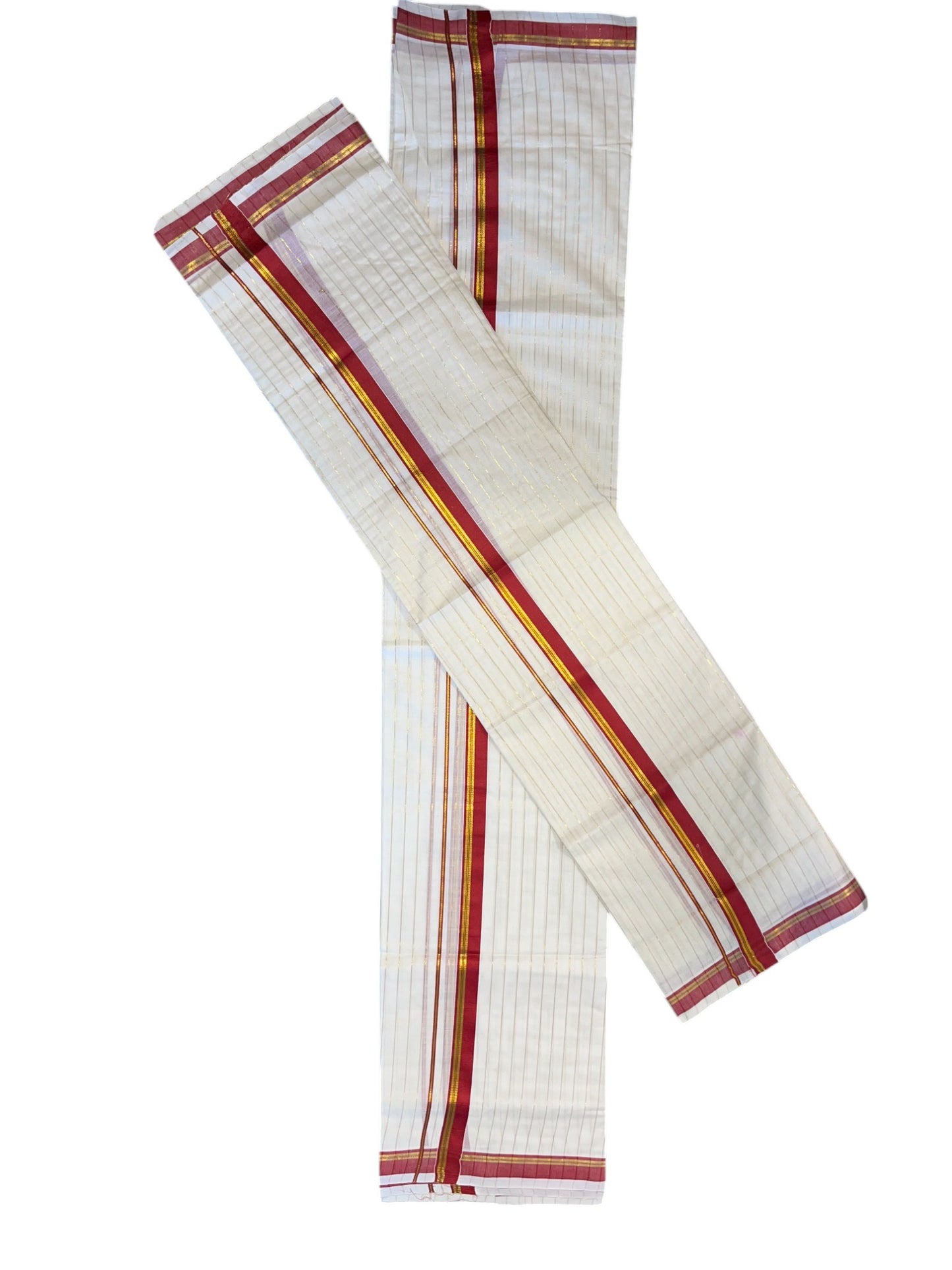 Kerala Cotton Set Mundu (Mundum Neriyathum) with Red Kasavu Lines Across Body 2.80 Mtrs