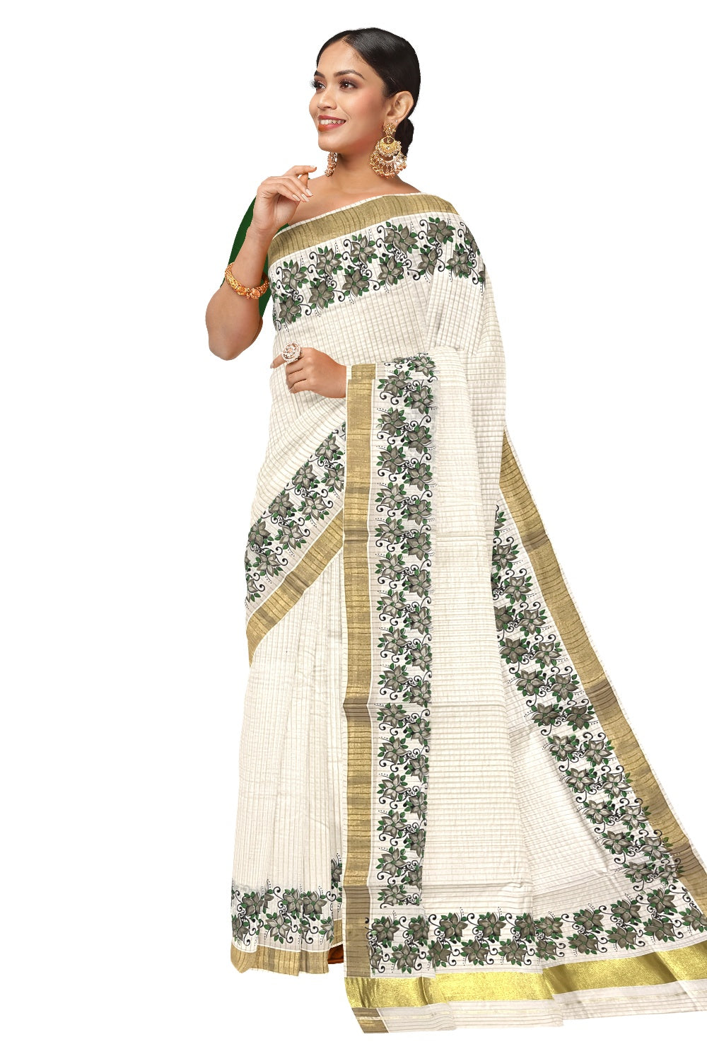 Southloom Onam 2023 Special Olive Green Floral Printed Lines Kasavu Saree