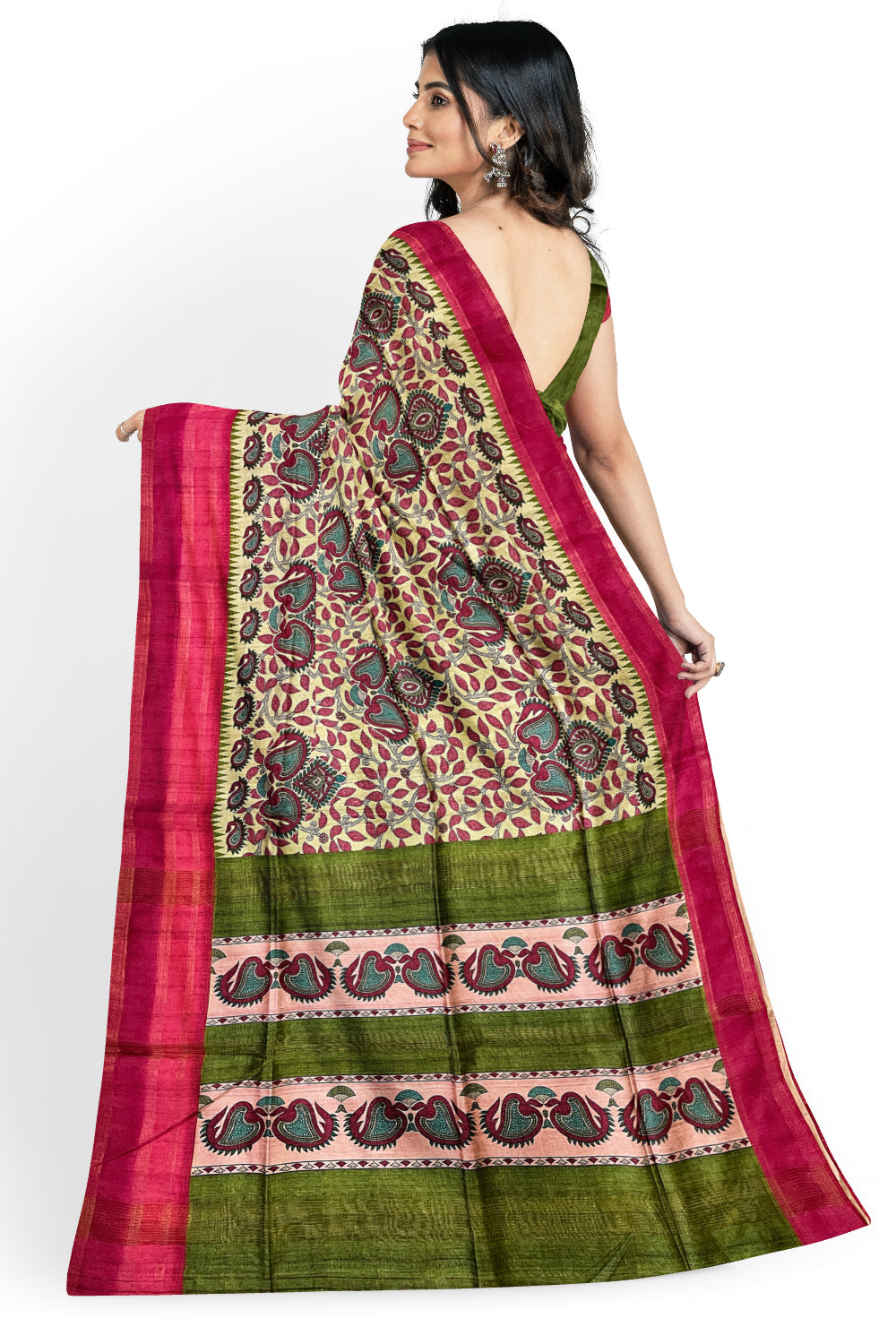 Southloom Semi Tussar Green and Pink Designer Saree with Floral Woven Works