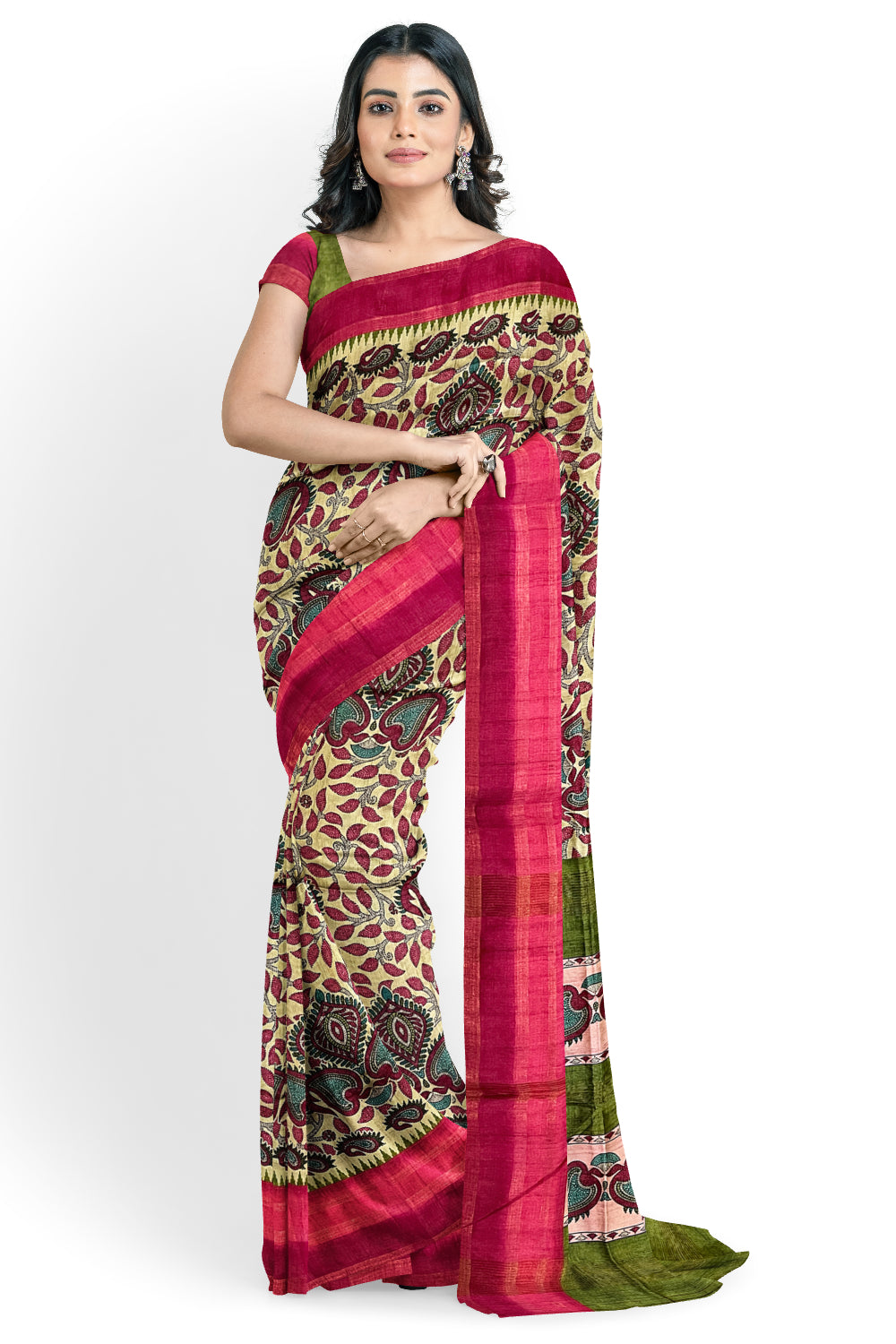 Southloom Semi Tussar Green and Pink Designer Saree with Floral Woven Works