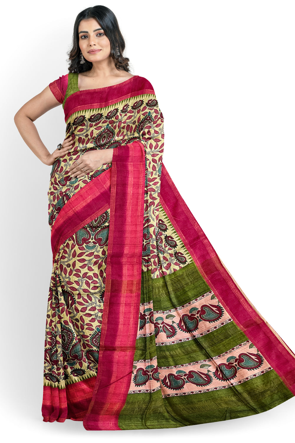 Southloom Semi Tussar Green and Pink Designer Saree with Floral Woven Works