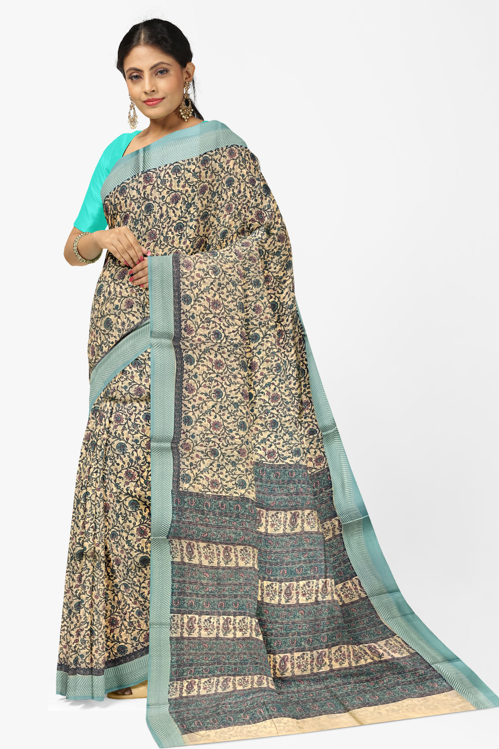Southloom Cotton Floral Printed Saree with Blue Border