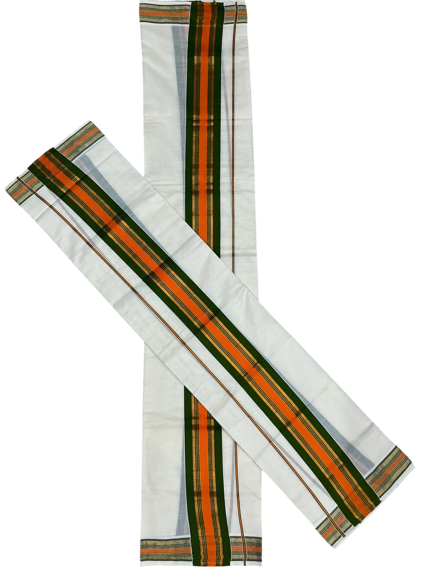 Southloom Kerala Cotton Kasavu Single Set Mundu (Mundum Neriyathum) with Green And orange Kasavu Border